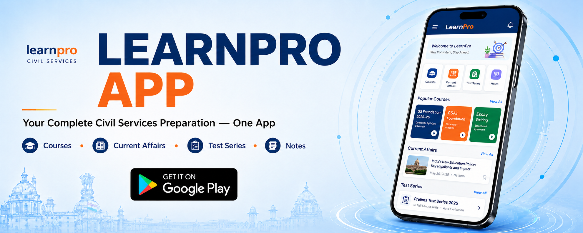 Download the LearnPro Learning App for civil services preparation from Google Play